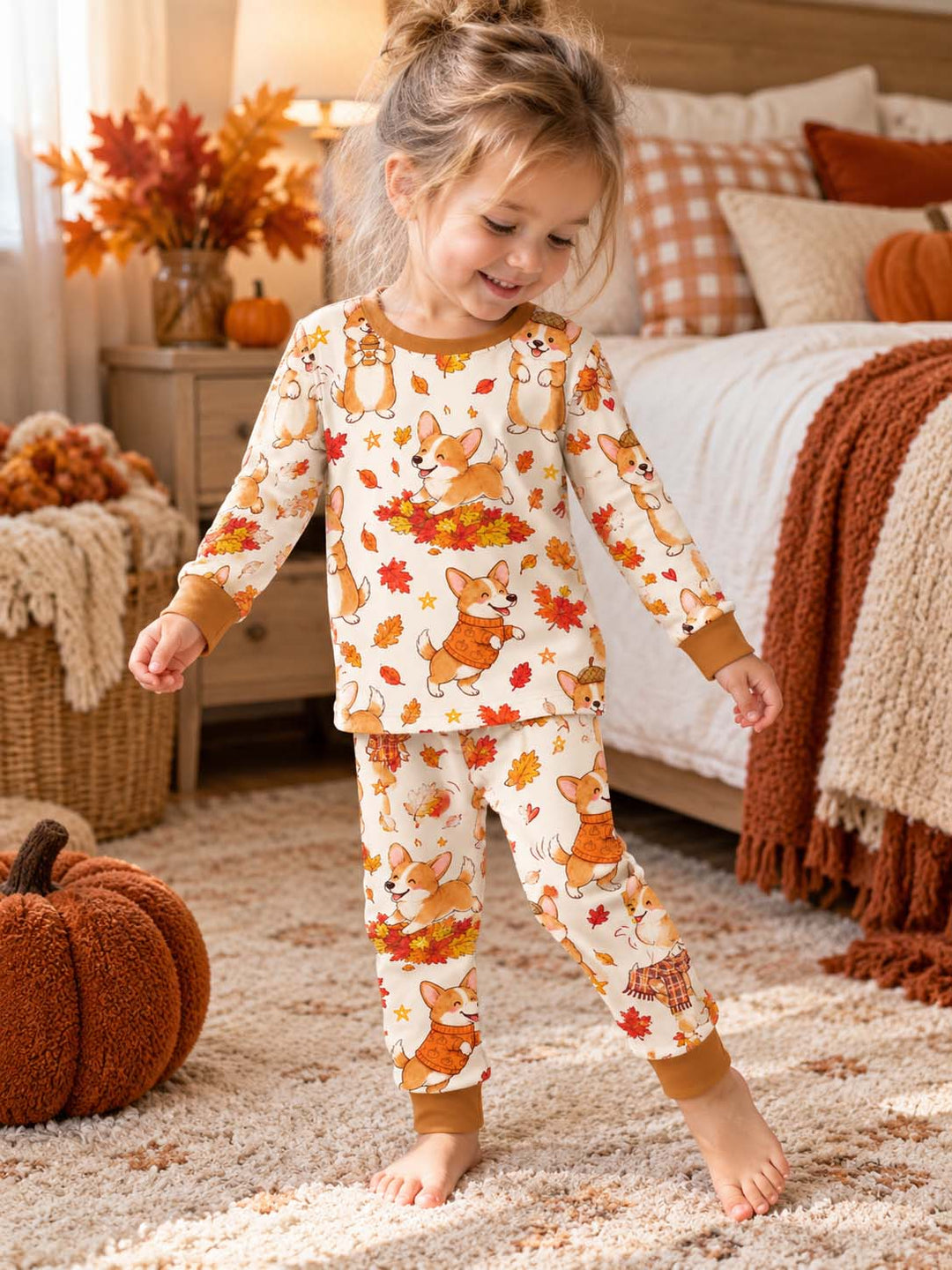 Happy Fall Corgis Bamboo Two Piece Long Sleeve Pajama Set