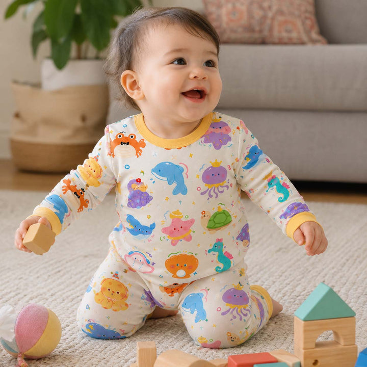 Happy Sea Animals Bamboo Two Piece Long Sleeve Pajama Set
