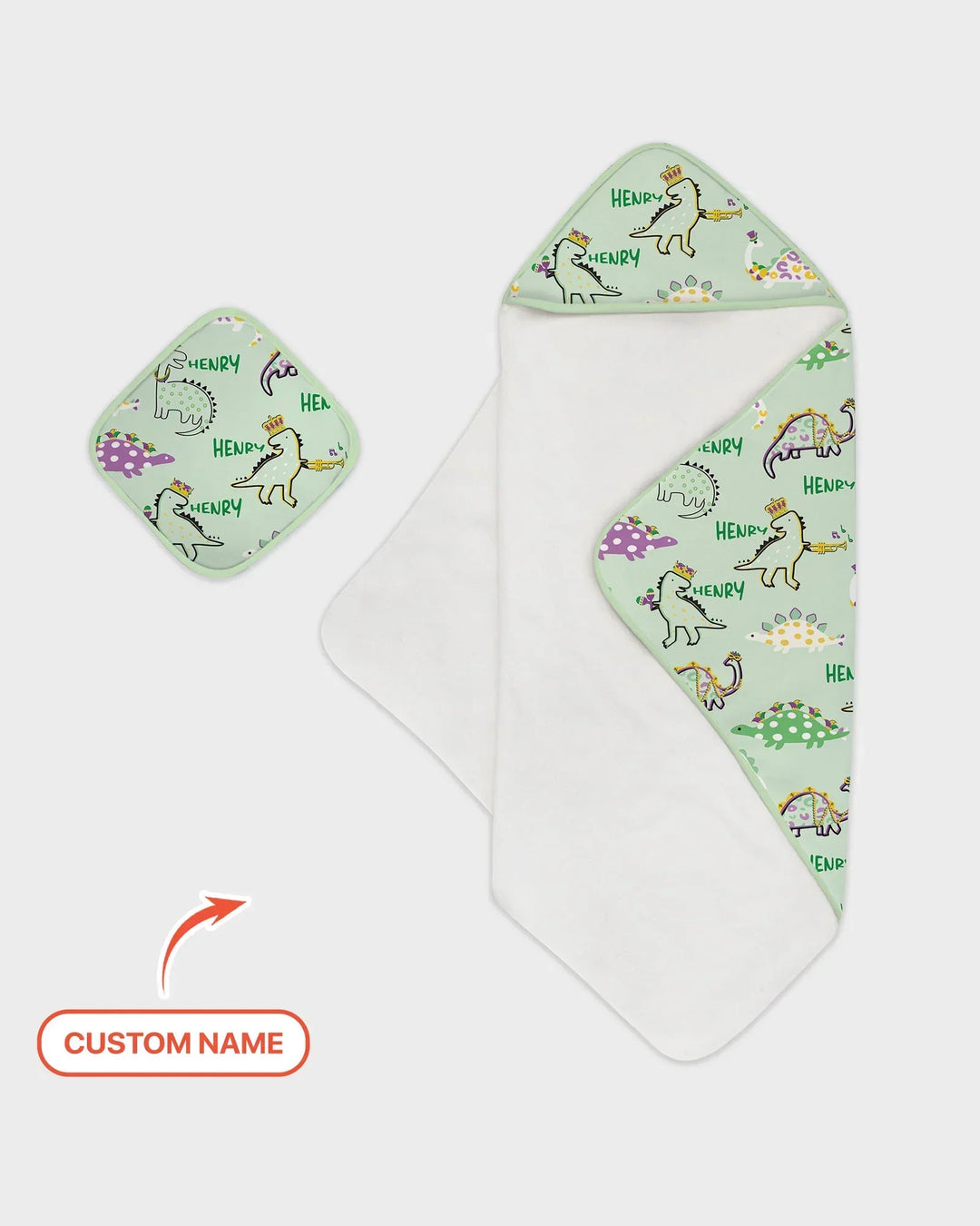 Custom Name Mardi Gras Saurus Hooded Bamboo Towel Set