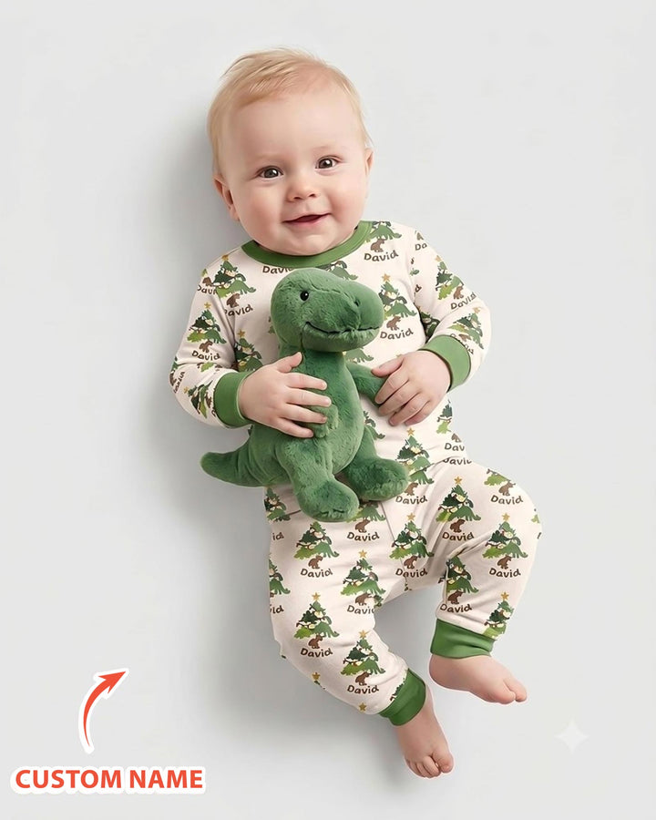 Dino Christmas Tree Bamboo Two Piece Long Sleeve Pajama Set