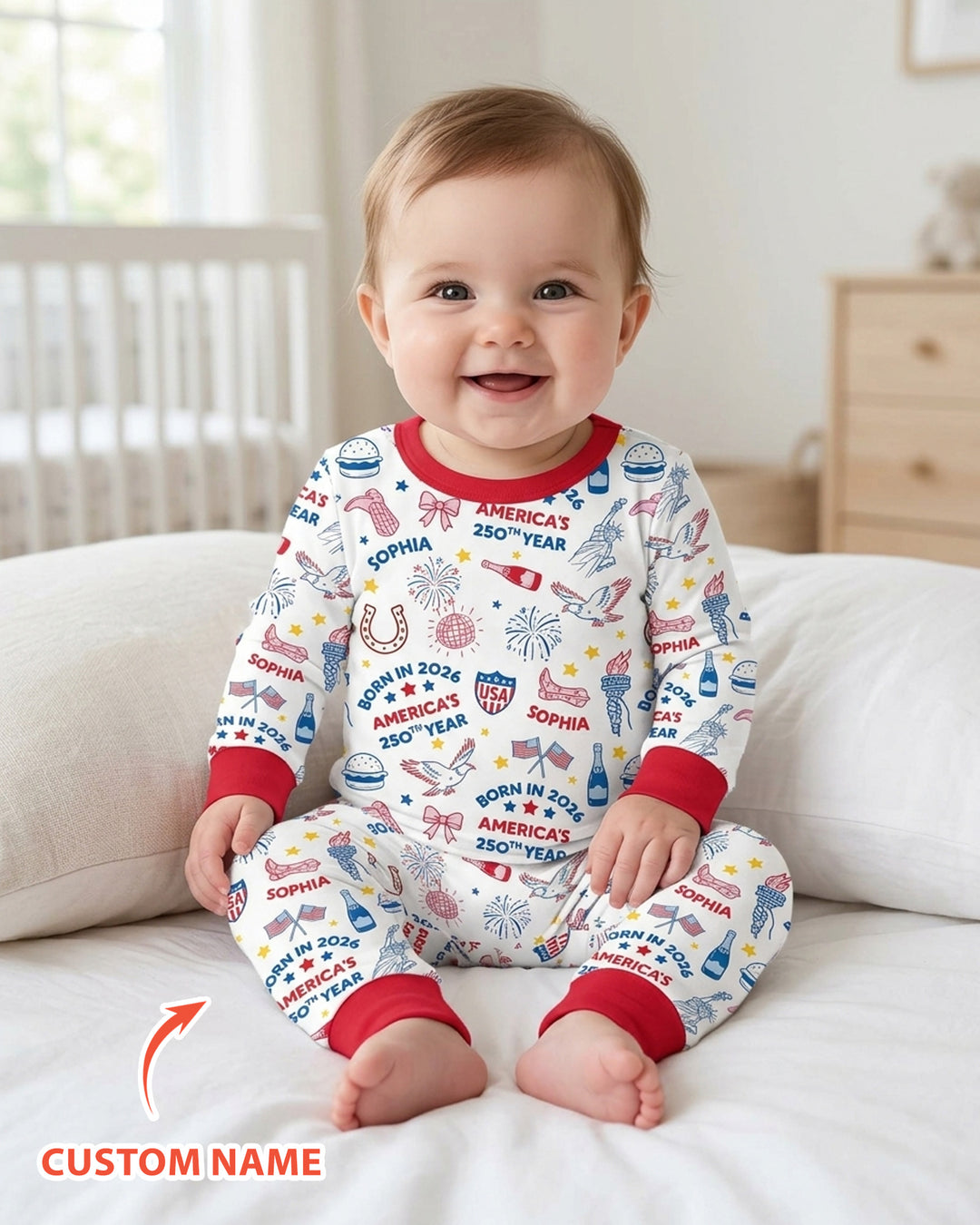 Born in 2026 America’s 250th Year Custom Name Bamboo Two Piece Long Sleeve Pajama Set