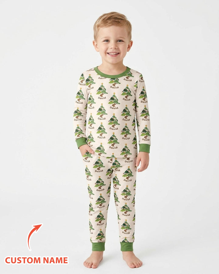 Dino Christmas Tree Bamboo Two Piece Long Sleeve Pajama Set