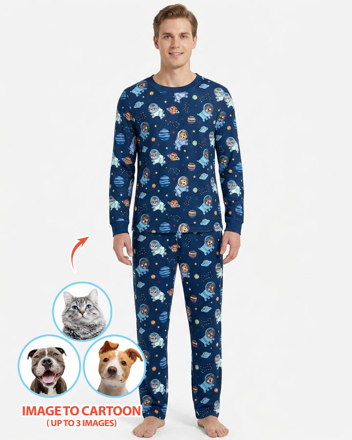 Astronaut Custom Pet Image Family Matching Bamboo Men's Pajama Set