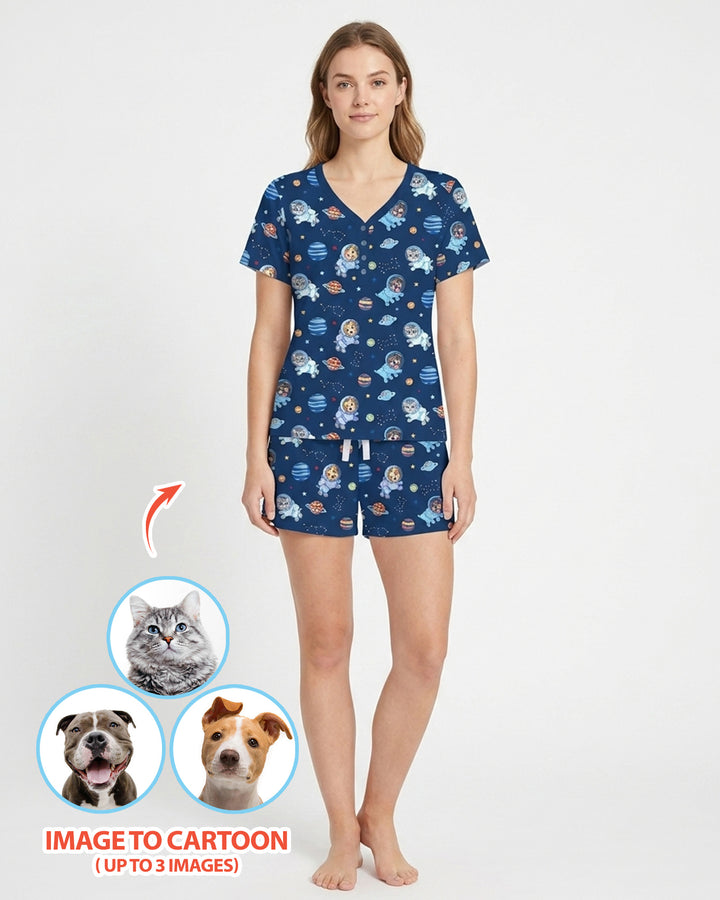 Astronaut Custom Pet Image Family Matching Bamboo Women Short Sleeve Short Pajama Set