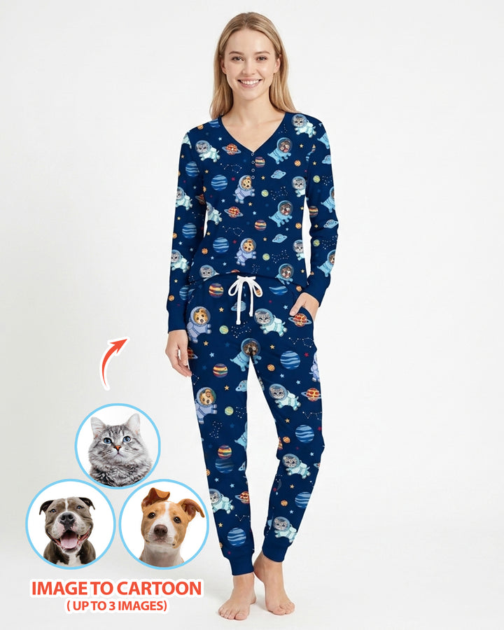 Astronaut Custom Pet Image Family Matching Bamboo Women Pajama Set