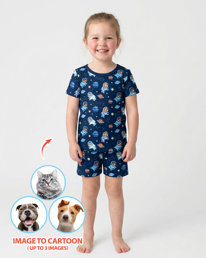 Astronaut Custom Pet Image Family Matching Bamboo Two Piece Short Sleeve Shorts Pajama Set