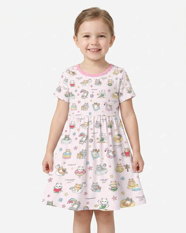 Kawaii Cats Summer Vacation Bamboo Twirl Dress