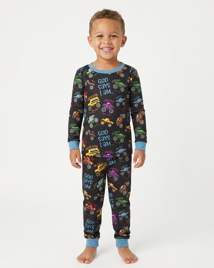 God Says I Am Monster Truck Bamboo Two Piece Long Sleeve Pajama Set