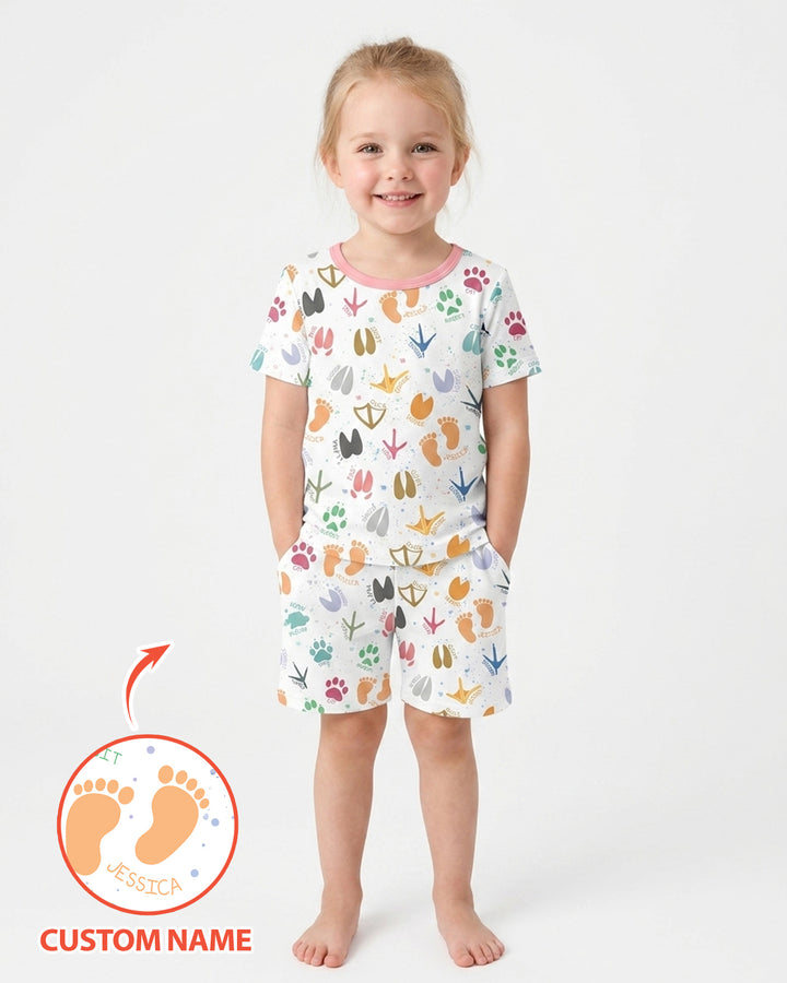 Cute Farm Animal Tracks Custom Name Bamboo Two Piece Short Sleeve Shorts Pajama Set