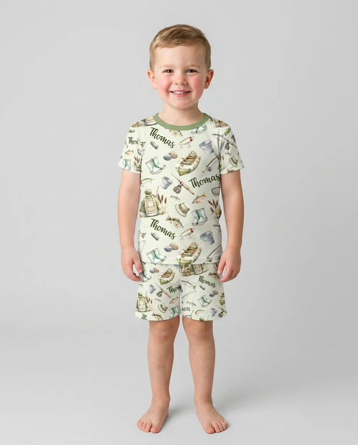 Custom Name Fishing Day Daddy & Me Matching Bamboo Two Piece Short Sleeve Shorts Pajama Set