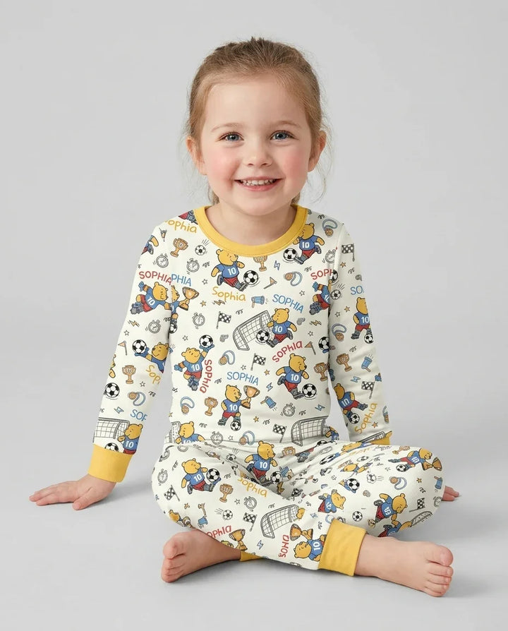 Personalized Classic Bear World Soccer Bamboo Two Piece Long Sleeve Pajama Set