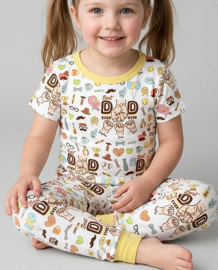 Custom Kids Name Best Dad Ever Bamboo Two Piece Short Sleeve Pajama Set