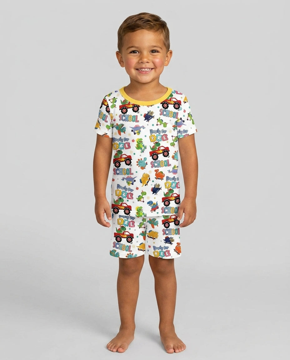 First Day of Preschool T-Rex Bamboo Two Piece Short Sleeve Shorts Pajama Set