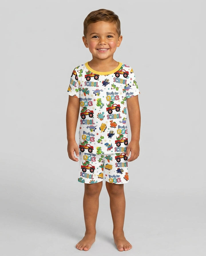 First Day of Preschool T-Rex Bamboo Two Piece Short Sleeve Shorts Pajama Set