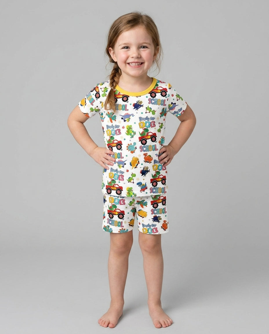First Day of Preschool T-Rex Bamboo Two Piece Short Sleeve Shorts Pajama Set