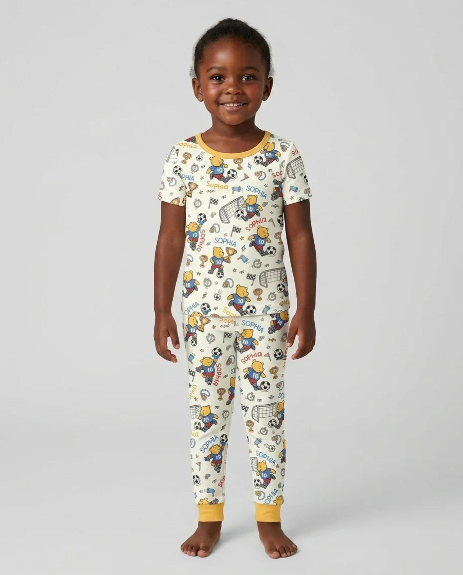 Personalized Classic Bear World Soccer Bamboo Two Piece Short Sleeve Pajama Set