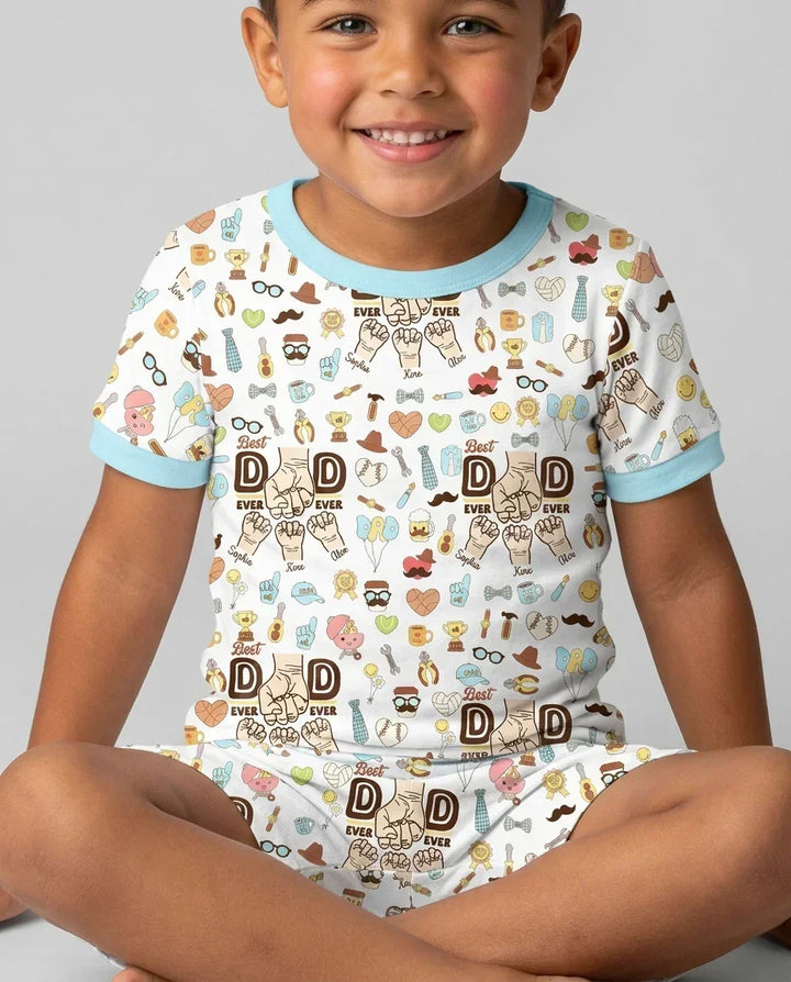Custom Kids Name Best Dad Ever Bamboo Two Piece Short Sleeve Shorts Pajama Set