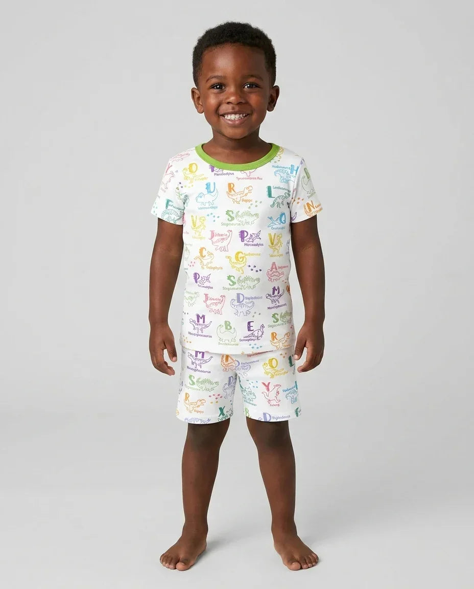 Dino Alphabet ABC Bamboo Two Piece Short Sleeve Shorts Pajama Set