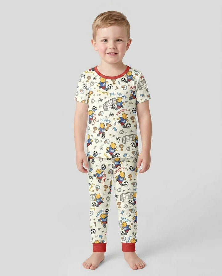 Personalized Classic Bear World Soccer Bamboo Two Piece Short Sleeve Pajama Set