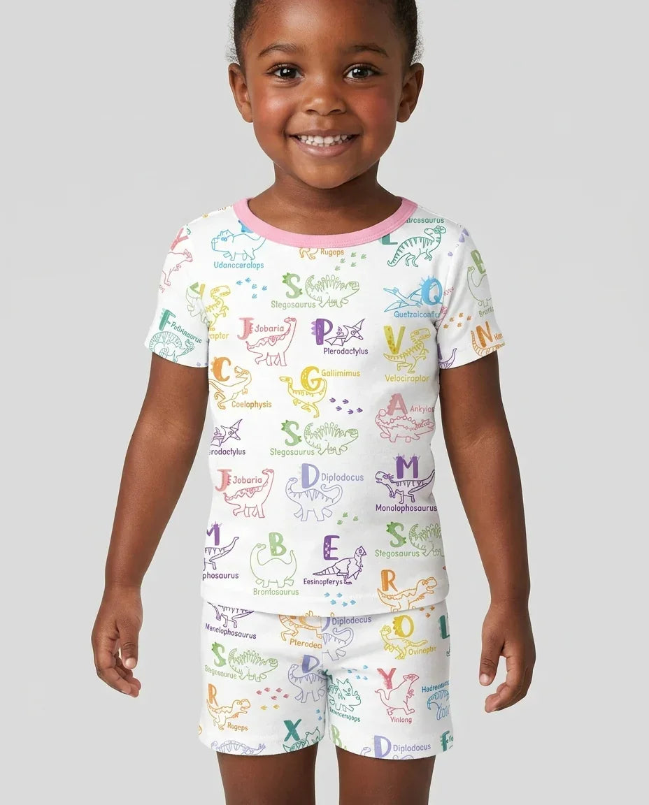 Dino Alphabet ABC Bamboo Two Piece Short Sleeve Shorts Pajama Set