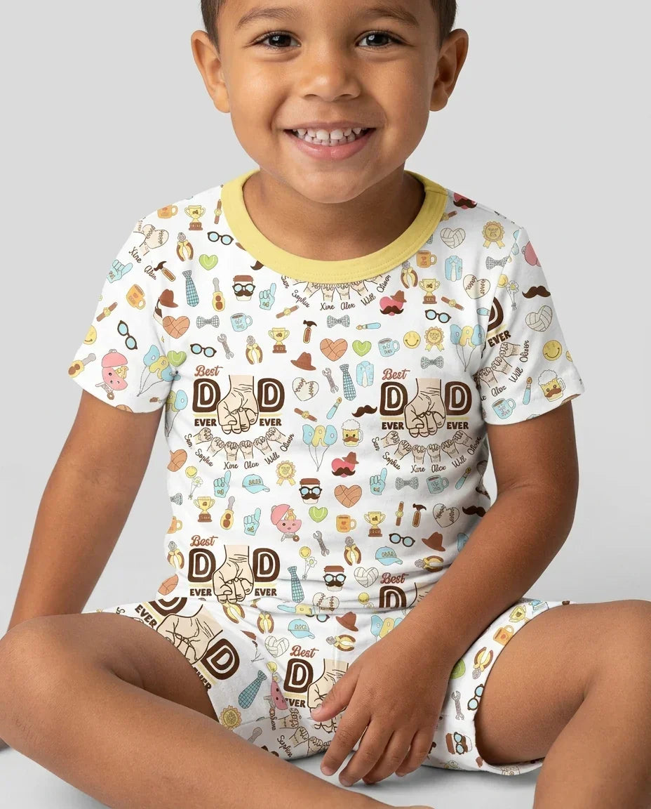 Custom Kids Name Best Dad Ever Bamboo Two Piece Short Sleeve Shorts Pajama Set