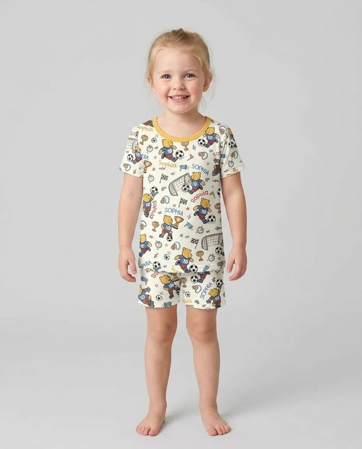 Personalized Classic Bear World Soccer Bamboo Two Piece Short Sleeve Shorts Pajama Set