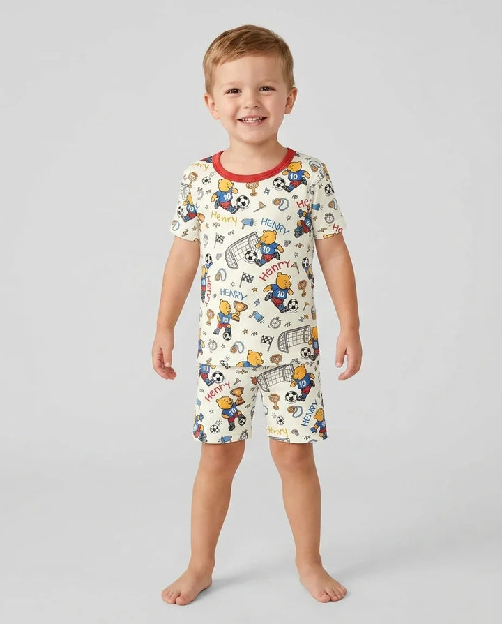 Personalized Classic Bear World Soccer Bamboo Two Piece Short Sleeve Shorts Pajama Set