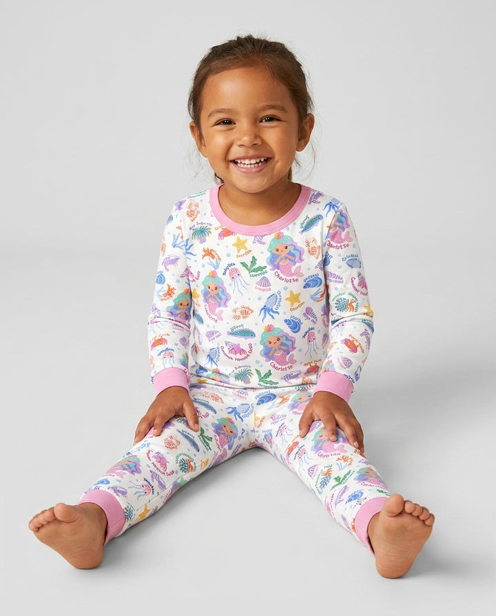 Personalized Cute Mermaid Bamboo Two Piece Long Sleeve Pajama Set