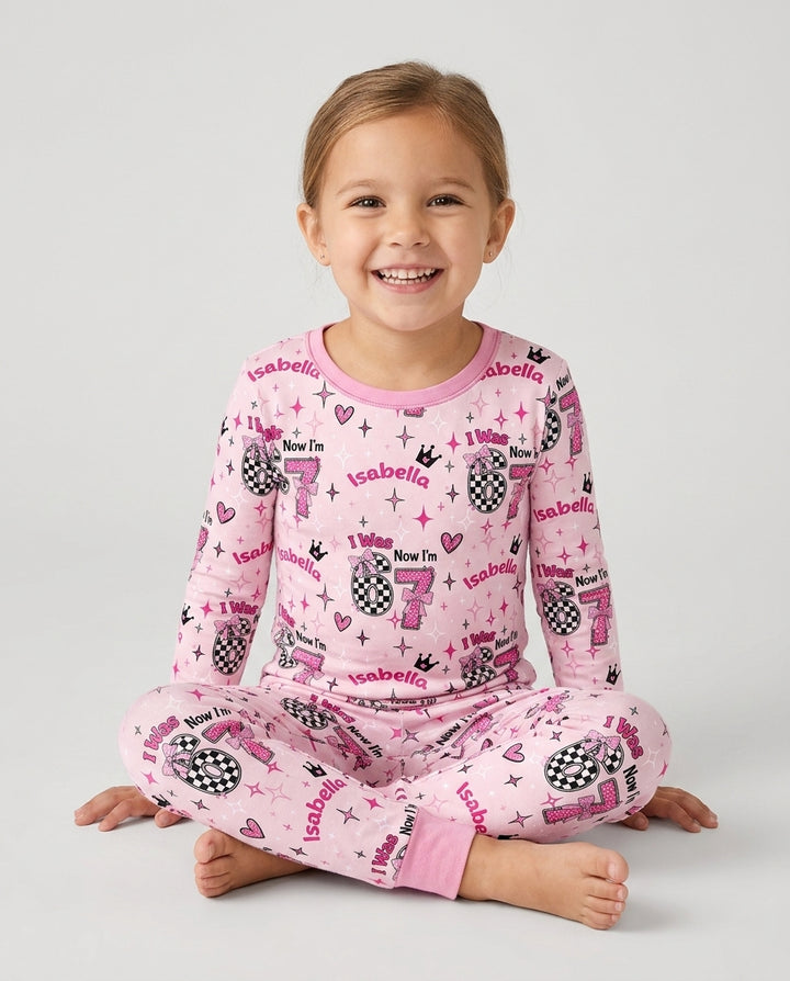 I Was 6 Now I'm 7 Girls Birthday Bamboo Two Piece Long Sleeve Pajama Set