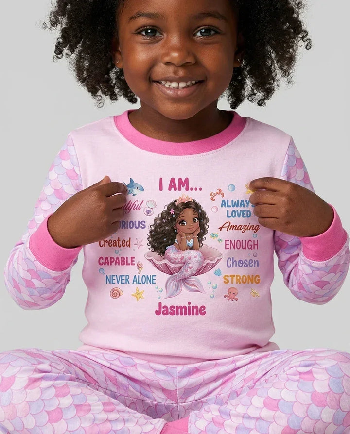 Custom Name Black Mermaid I Am Beautiful Bamboo Two Piece Long Sleeve Pajama Set