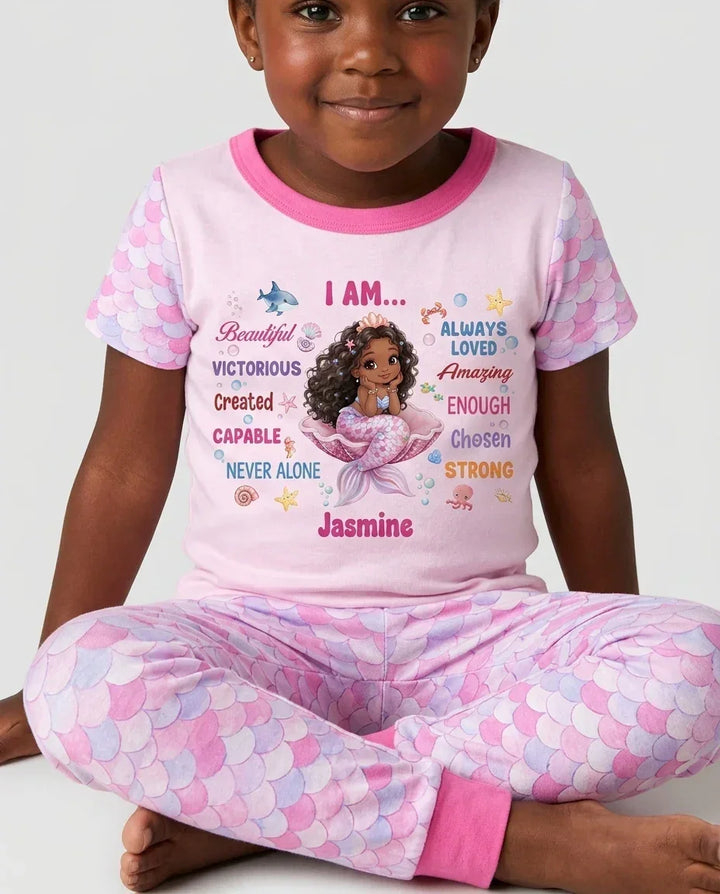 Custom Name Black Mermaid I Am Beautiful Bamboo Two Piece Short Sleeve Pajama Set