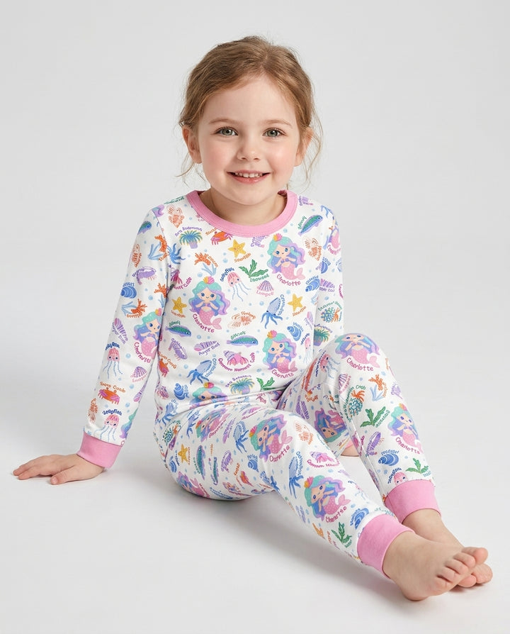 Personalized Cute Mermaid Bamboo Two Piece Long Sleeve Pajama Set