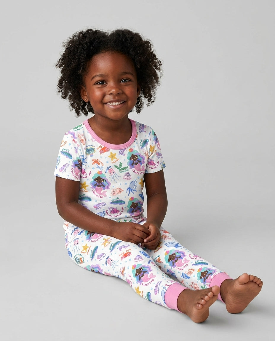 Personalized Cute Mermaid Bamboo Two Piece Short Sleeve Pajama Set