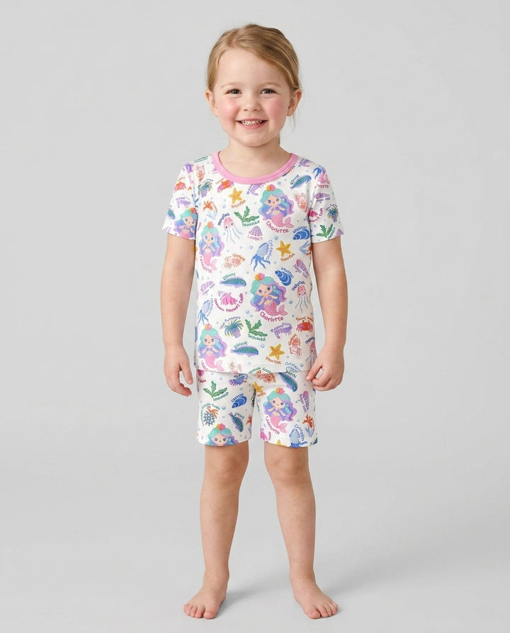Personalized Cute Mermaid Bamboo Two Piece Short Sleeve Shorts Pajama Set