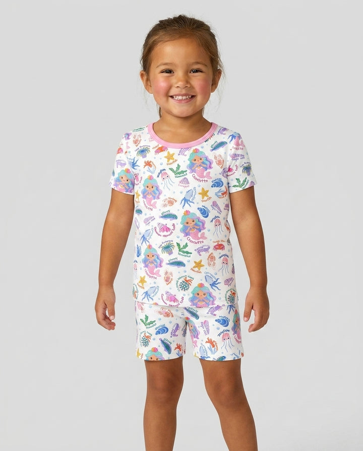 Personalized Cute Mermaid Bamboo Two Piece Short Sleeve Shorts Pajama Set