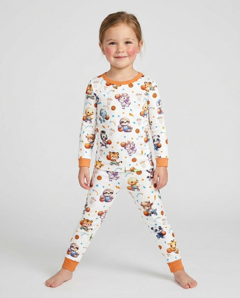 Cartoon Basketball Animals Bamboo Two Piece Long Sleeve Pajama Set