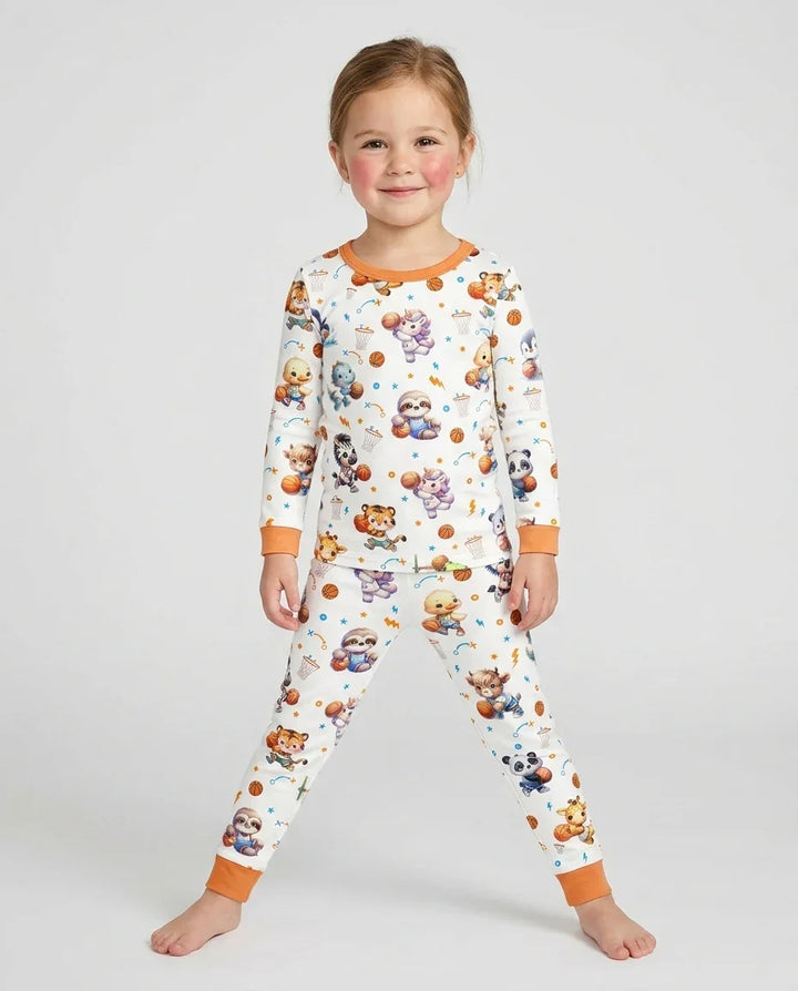 Cartoon Basketball Animals Bamboo Two Piece Long Sleeve Pajama Set