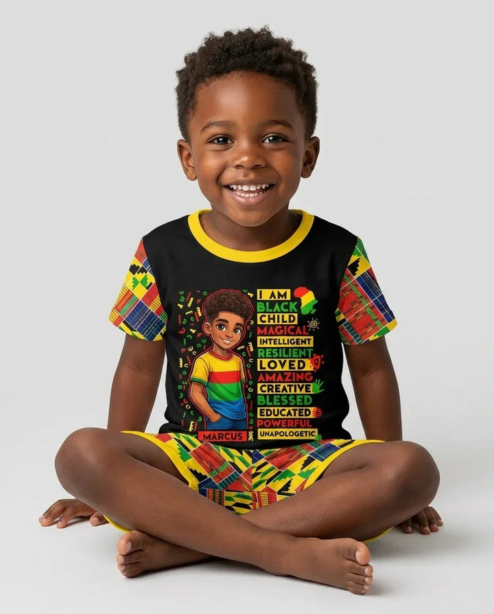 Custom Name I Am Black Child Boy Bamboo Two Piece Short Sleeve Shorts Pajama Set