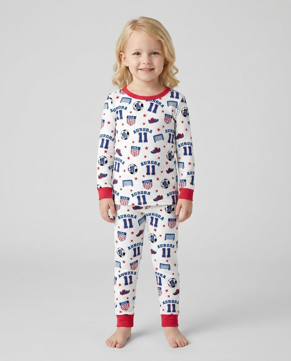Custom Name Soccer Time Bamboo Two Piece Long Sleeve Pajama Set