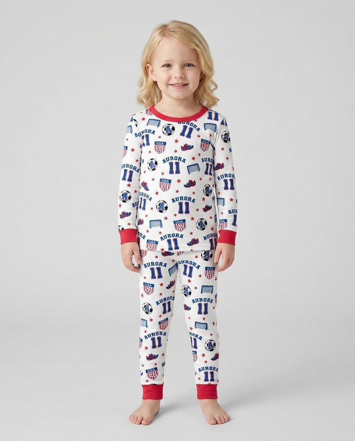 Custom Name Soccer Time Bamboo Two Piece Long Sleeve Pajama Set