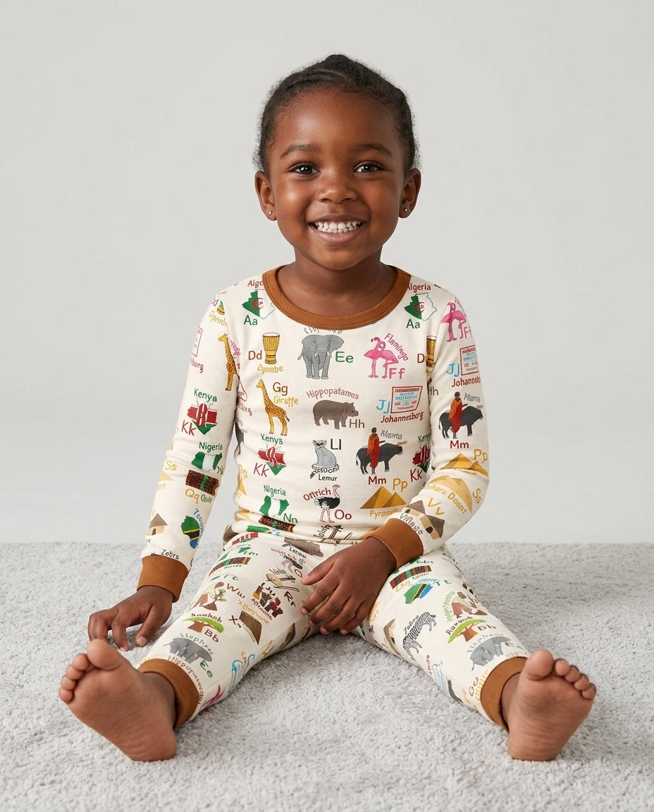 Explore Africa Geography Alphabet Bamboo Two Piece Long Sleeve Pajama Set