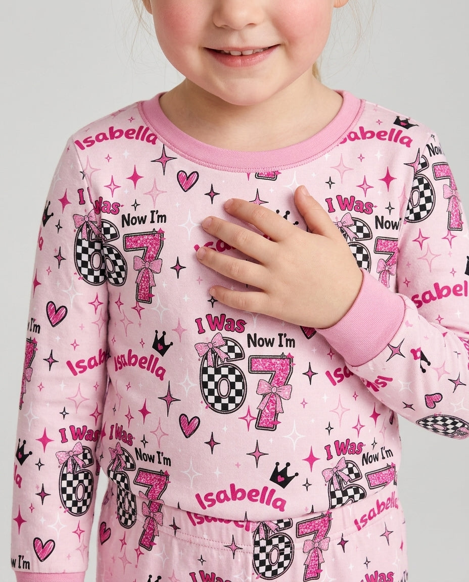 I Was 6 Now I'm 7 Girls Birthday Bamboo Two Piece Long Sleeve Pajama Set