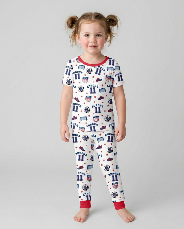 Custom Name Soccer Time Bamboo Two Piece Short Sleeve Pajama Set