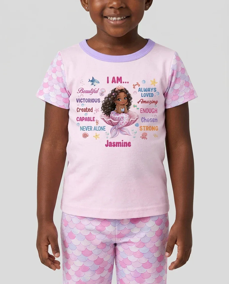 Custom Name Black Mermaid I Am Beautiful Bamboo Two Piece Short Sleeve Pajama Set