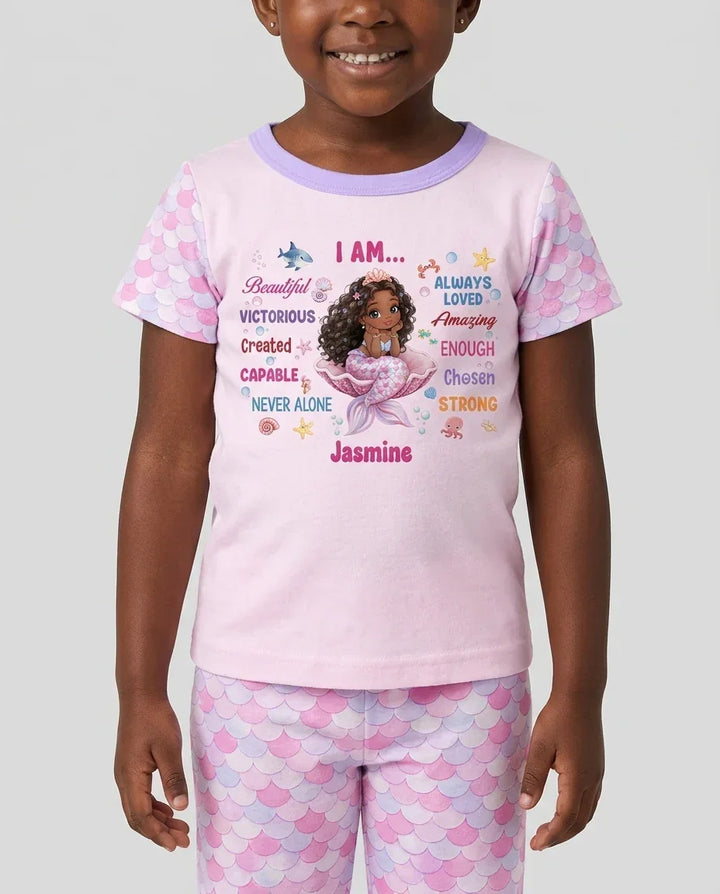 Custom Name Black Mermaid I Am Beautiful Bamboo Two Piece Short Sleeve Pajama Set