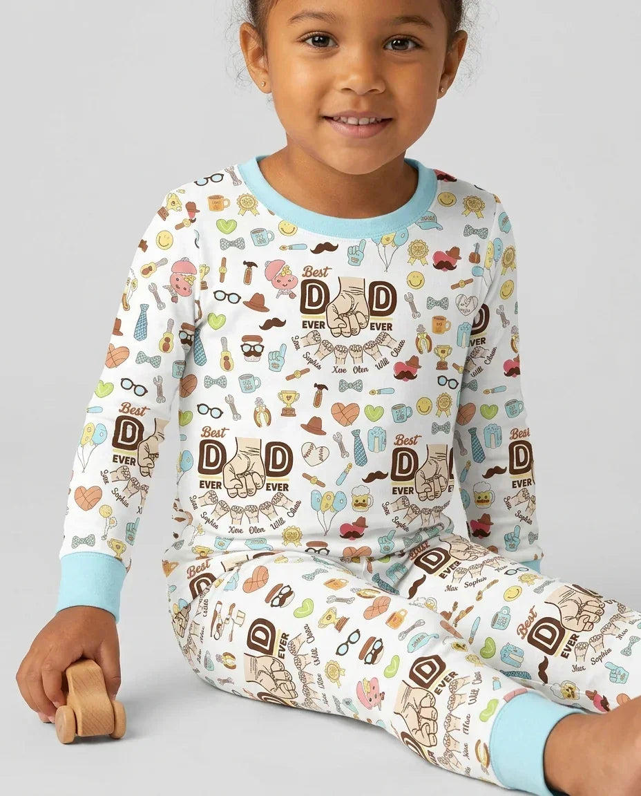 Custom Kids Name Best Dad Ever Bamboo Two Piece Long Sleeve Pajama Set