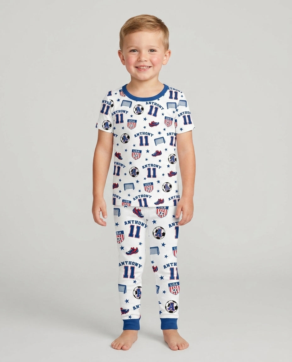 Custom Name Soccer Time Bamboo Two Piece Short Sleeve Pajama Set