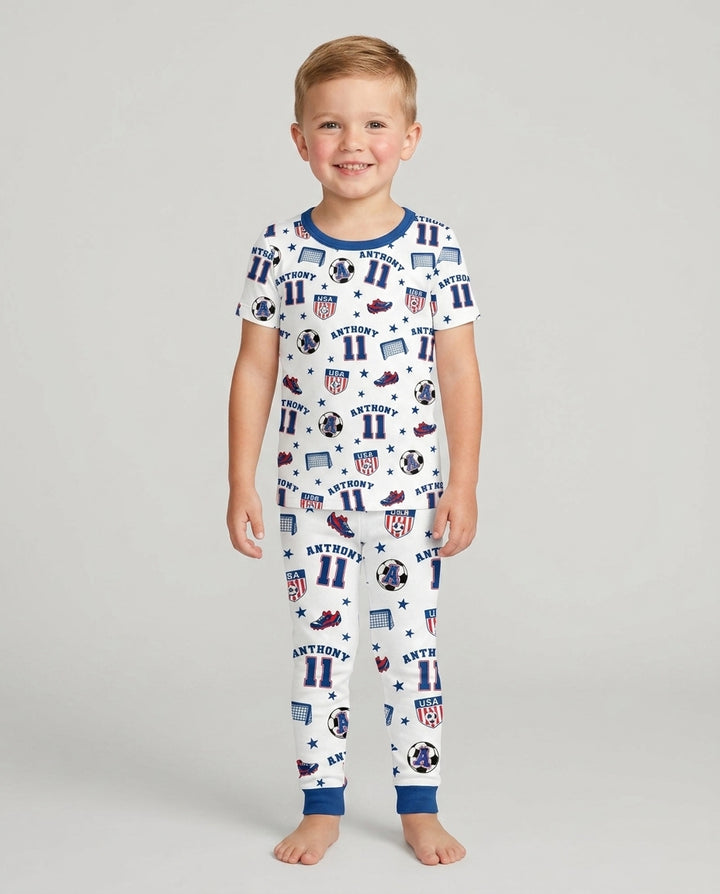 Custom Name Soccer Time Bamboo Two Piece Short Sleeve Pajama Set