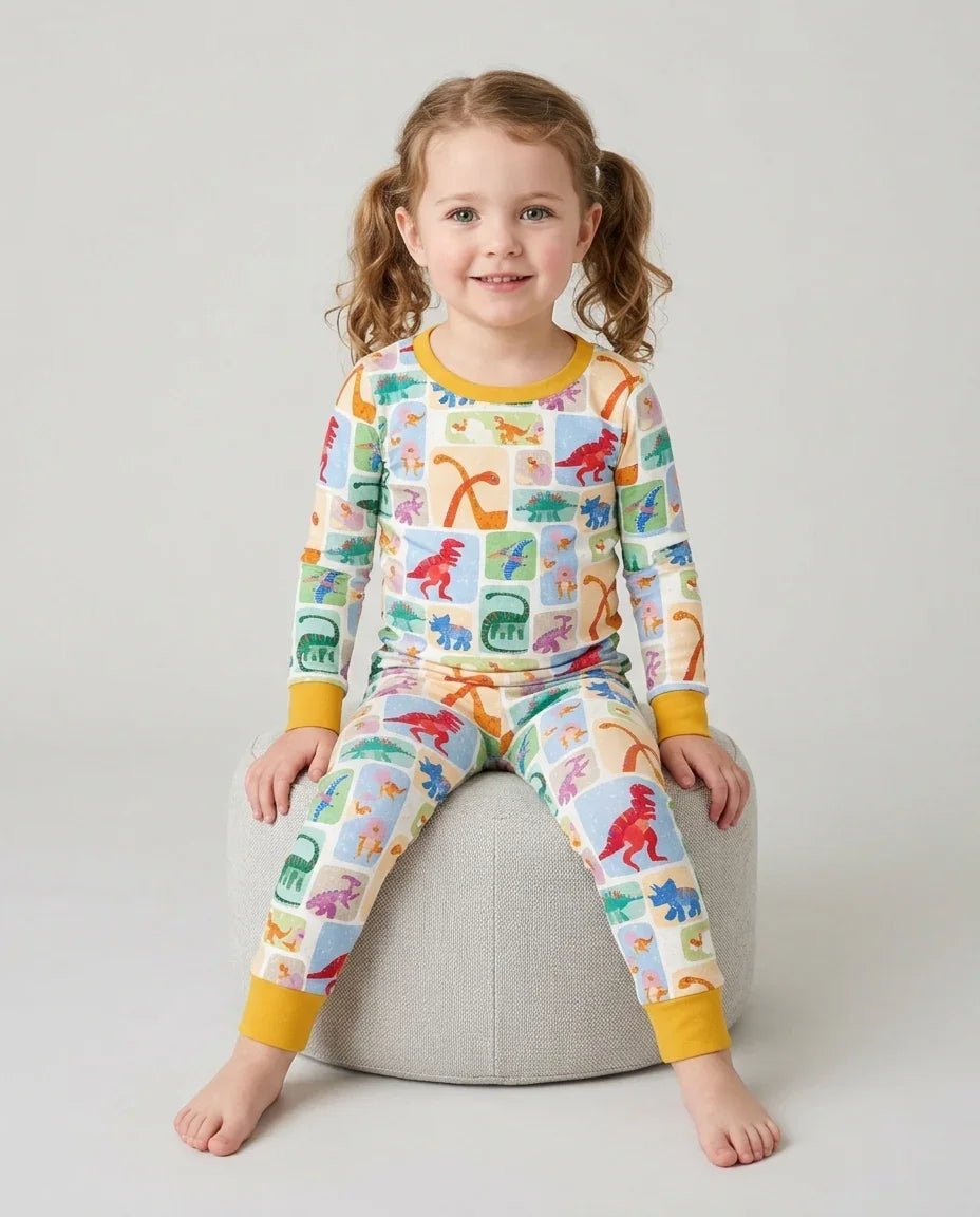 Rainbow Dino Friends Family Matching Bamboo Two Piece Long Sleeve Pajama Set