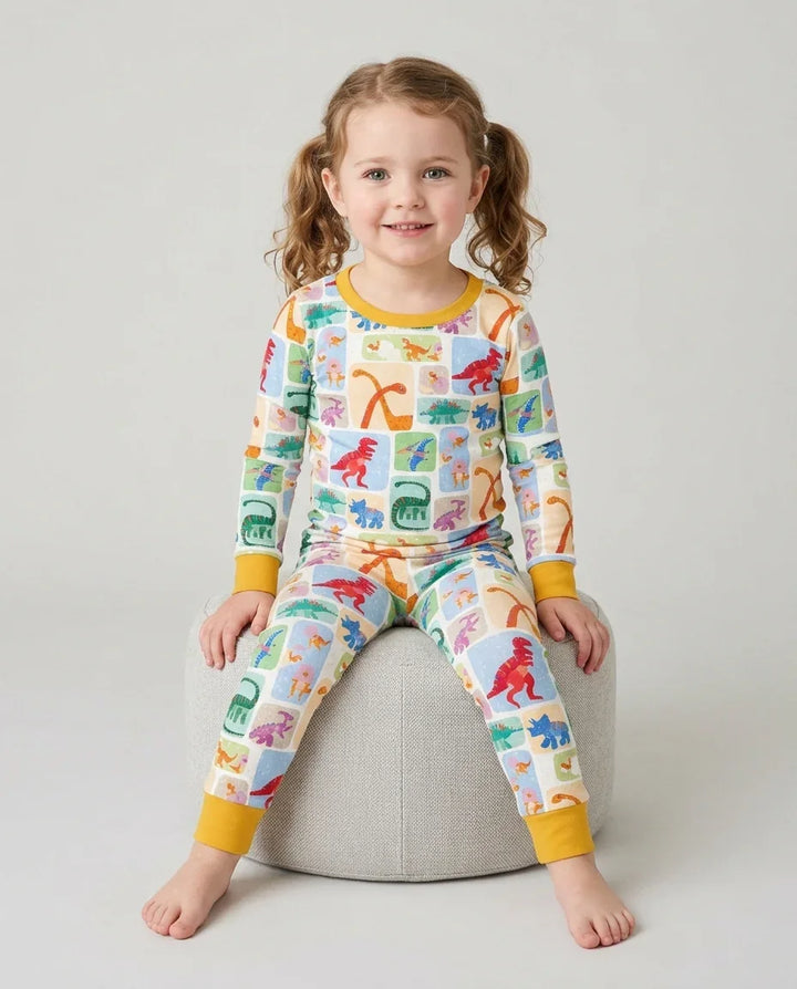 Rainbow Dino Friends Family Matching Bamboo Two Piece Long Sleeve Pajama Set